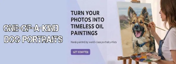 Hand‑painted dog portrait transforming a pet photo into a detailed oil painting.